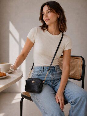 Michael Michael Kors Micro Crossbody Bag – Black Leather w/ Gold Hardware